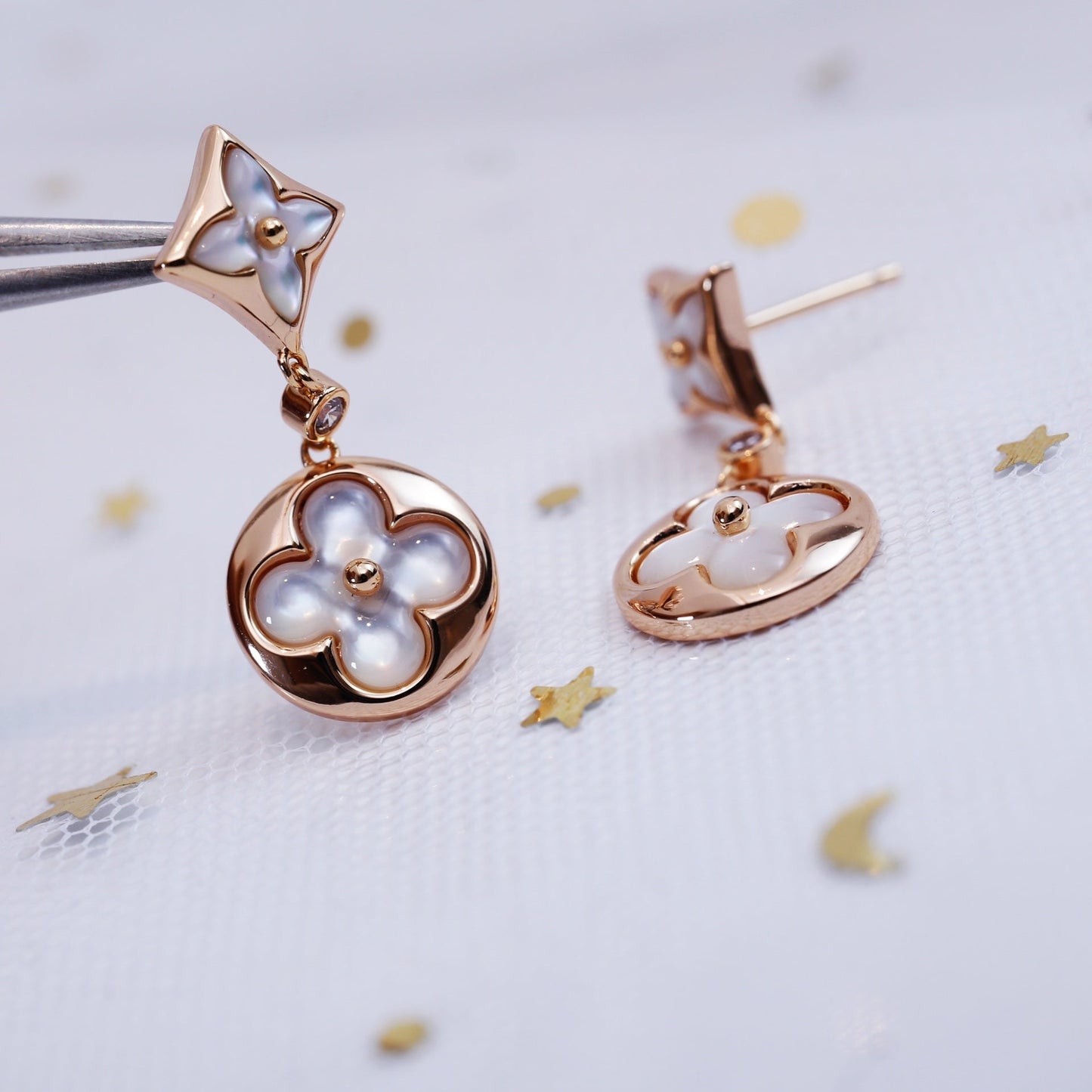 [Lucky Star]STAR AND SUN PINK GOLD MOP DROP EARRINGS