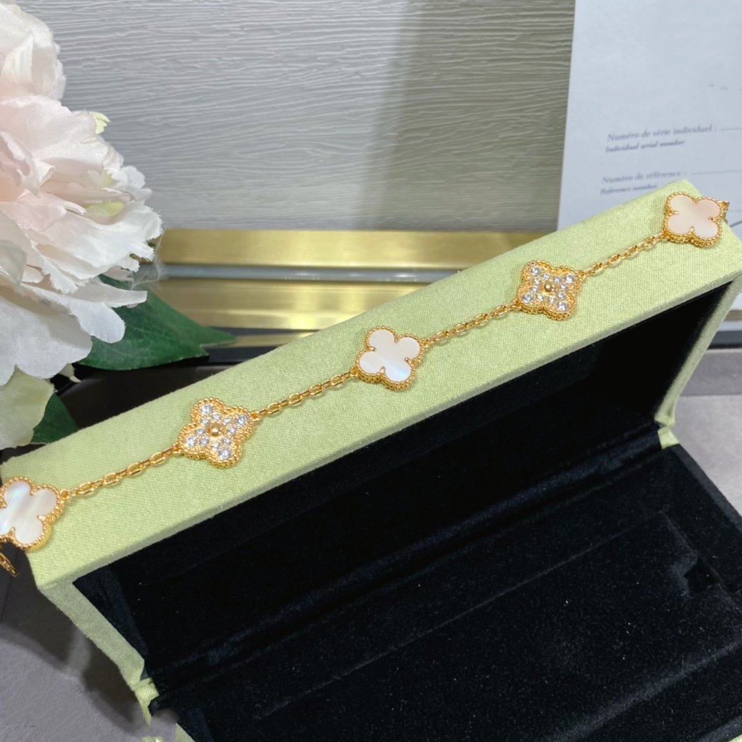 [Lucky Star]CLOVER 5 MOTIF DIAMOND PINK MOP PINK GOLD BRACELET