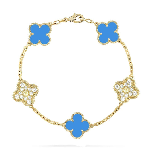 [Lucky Star]CLOVER 5 MOTIF BLUE CHALCEDONY DIAMOND GOLD BRACELET
