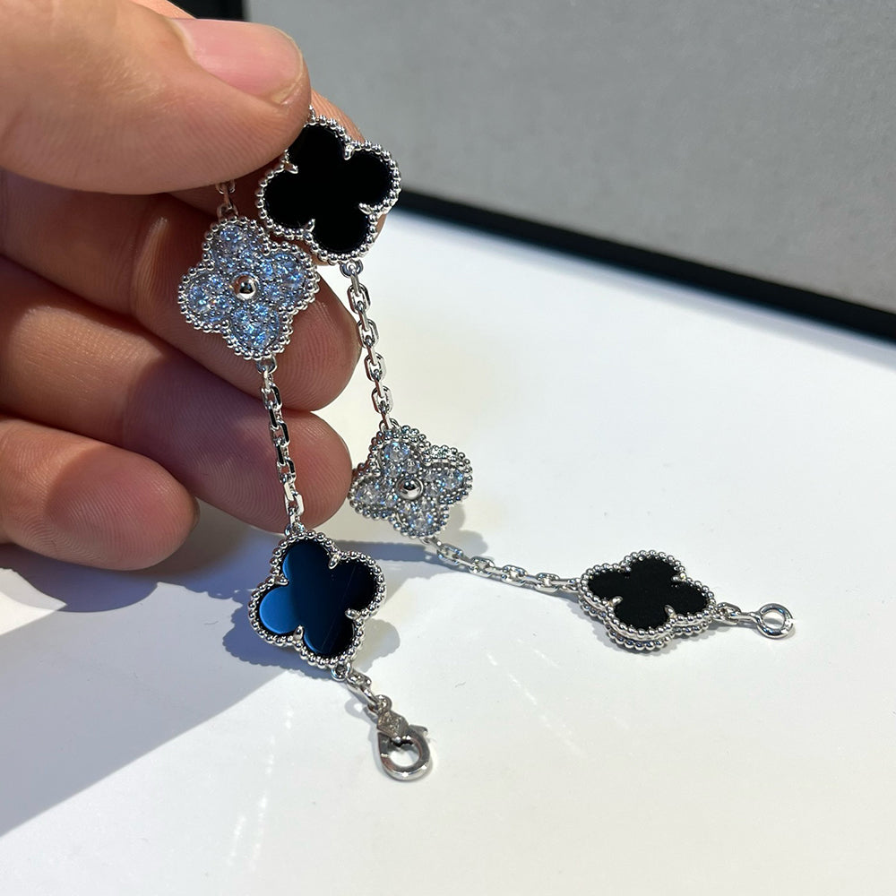 [Lucky Star]CLOVER 5 MOTIF ONYXS DIAMOND BRACELET SILVER